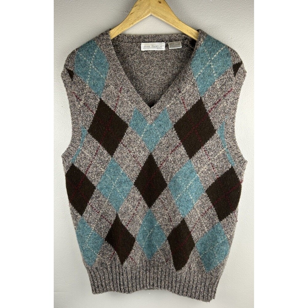 Brian MacNeil Shetland Wool Sweater Vest Vintage 90’s Argyle Brown Blue Size L